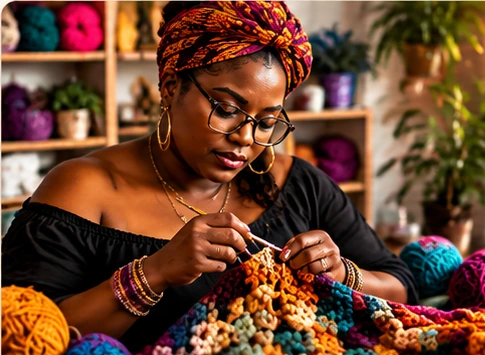 AI-created sample of a Black woman crocheting colorful fabric at her worktable