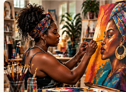 AI-created sample of an artist painting a colorful portrait on canvas
