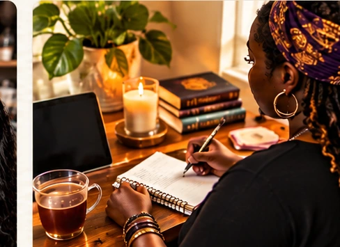 AI-created sample of a maker writing her story at a desk