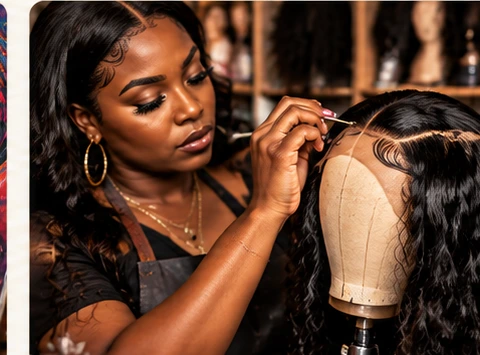 AI-created sample of a Black wig maker styling a lace-front wig on a mannequin head