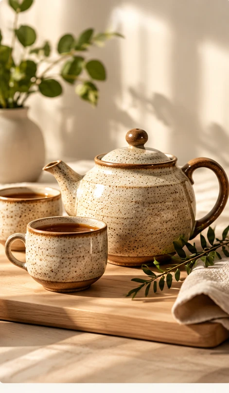 AI-created sample of a handmade ceramic teapot and matching cups