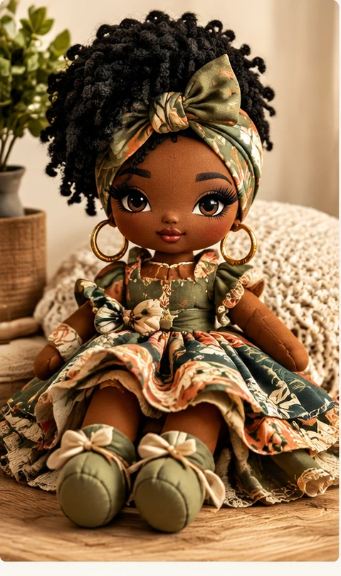 AI-created sample of a handmade Black cloth doll with sage green clothing