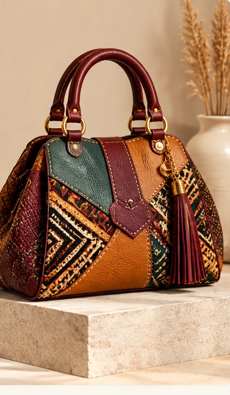 AI-created sample of a colorful handcrafted patchwork leather handbag