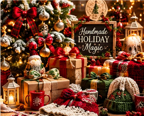 Festive handmade Christmas market display with ornaments, wrapped gifts, evergreen decorations and velvet bows