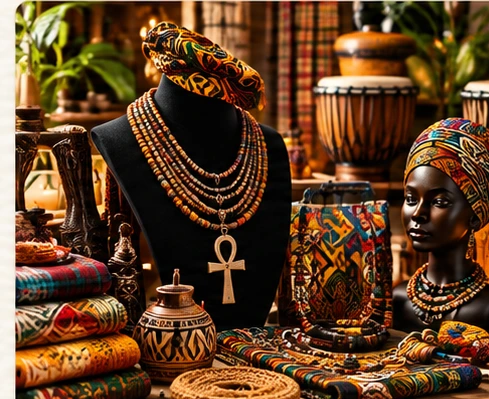 Sample display of heritage-inspired textiles, handcrafted jewelry and pottery
