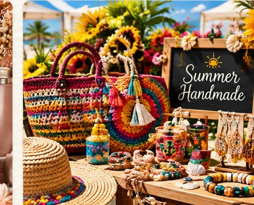 Colorful summer artisan market with handmade bags, sun hats and jewelry