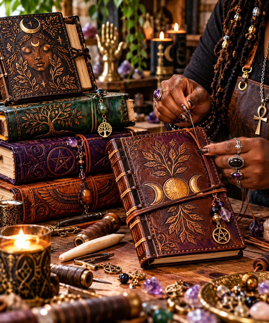 AI-created example of handmade spiritual leather-bound books