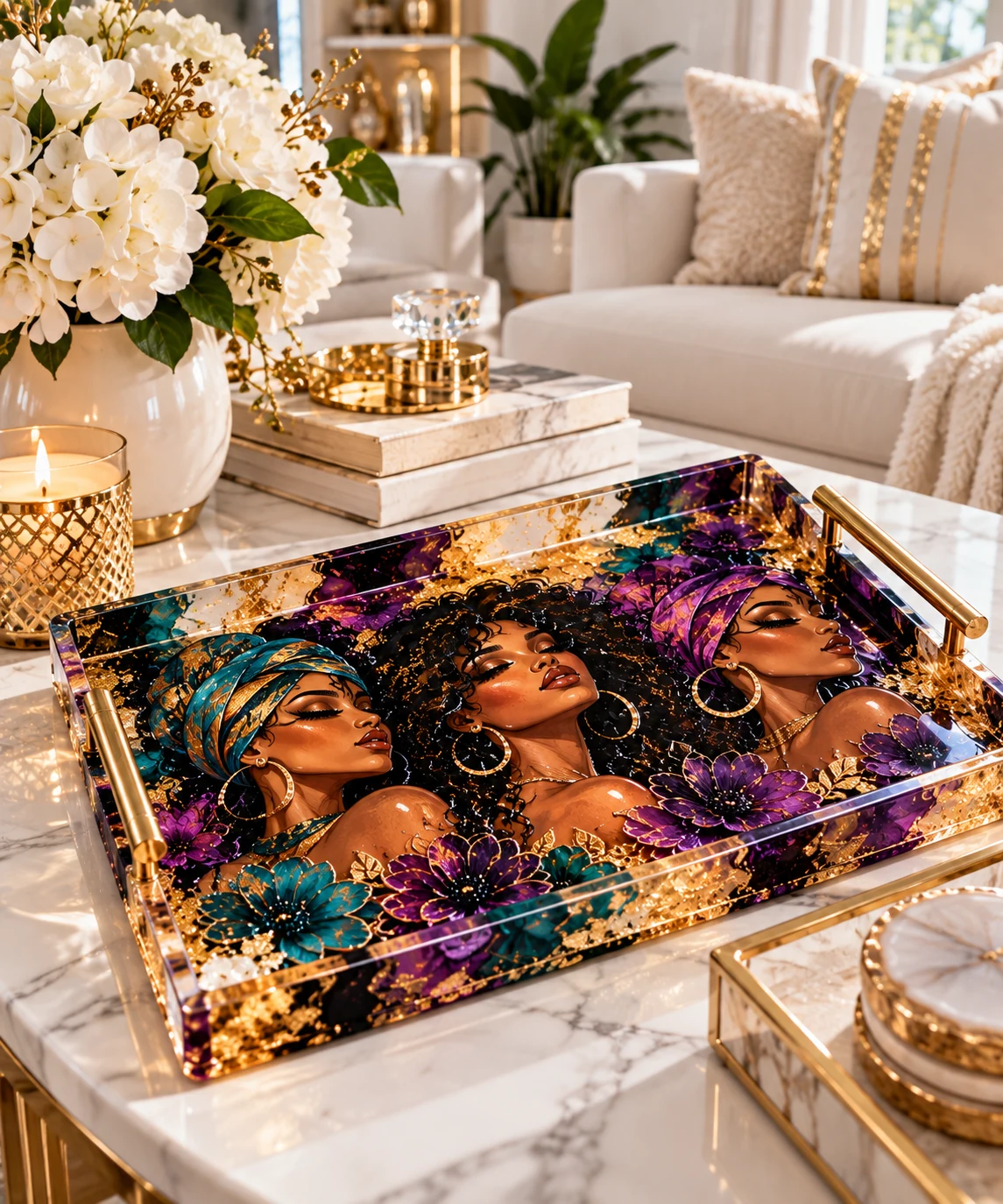 AI-created example of a character-art resin tray on a table in a white living room