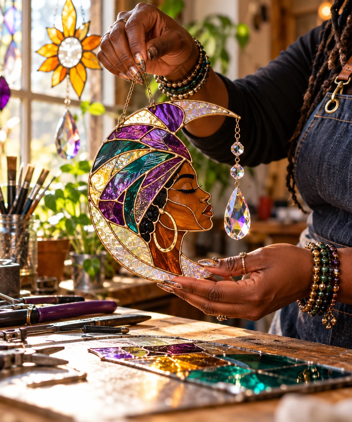 AI-created example of stained glass art held by a Black artisan