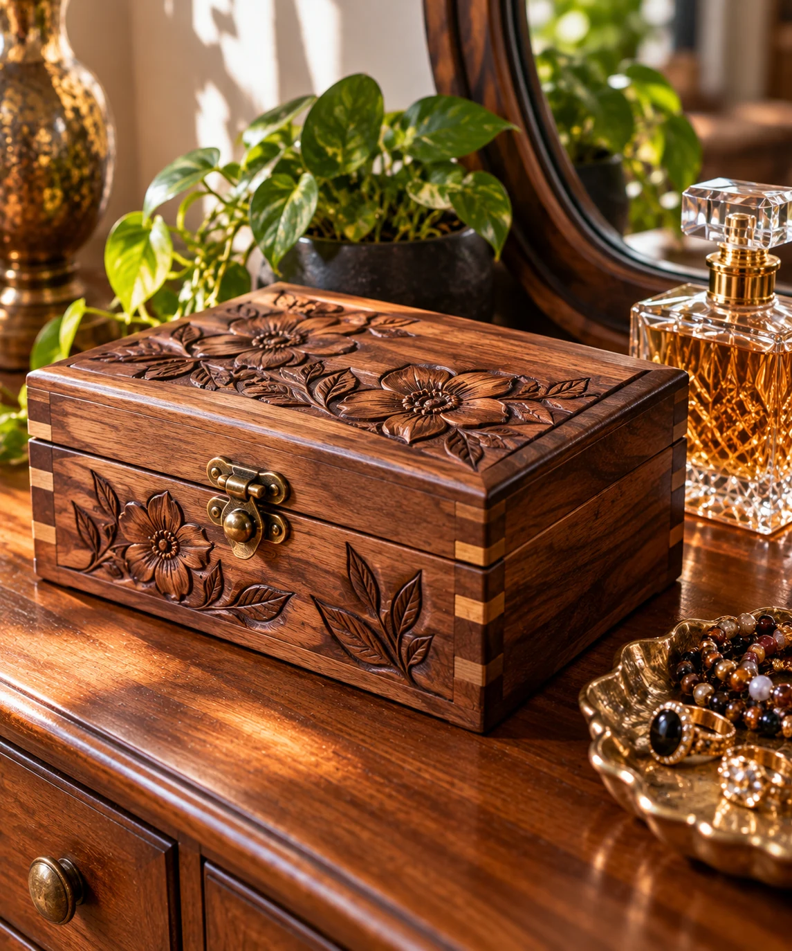 AI-created example of a carved wooden jewelry box beside perfume